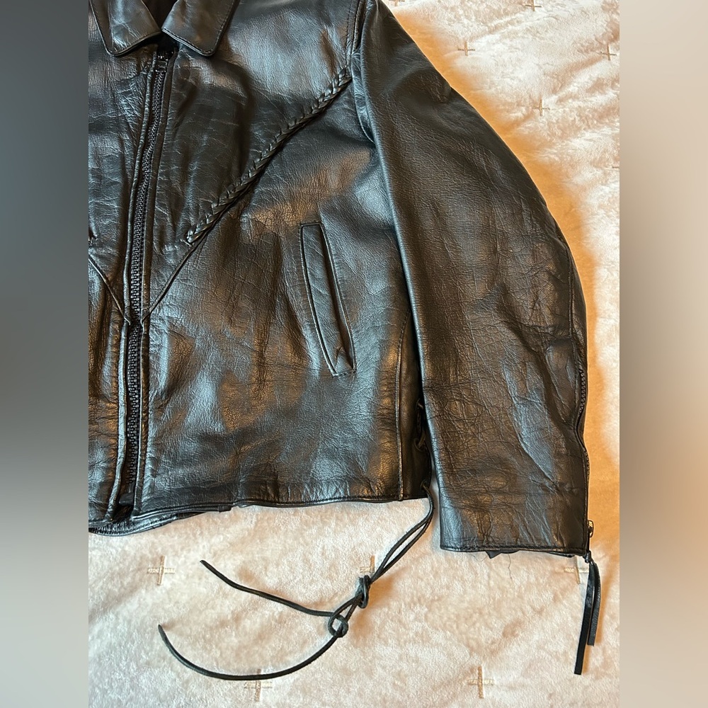 Black Women's Leather Jacket with Braided Detail - Picture 5 of 13